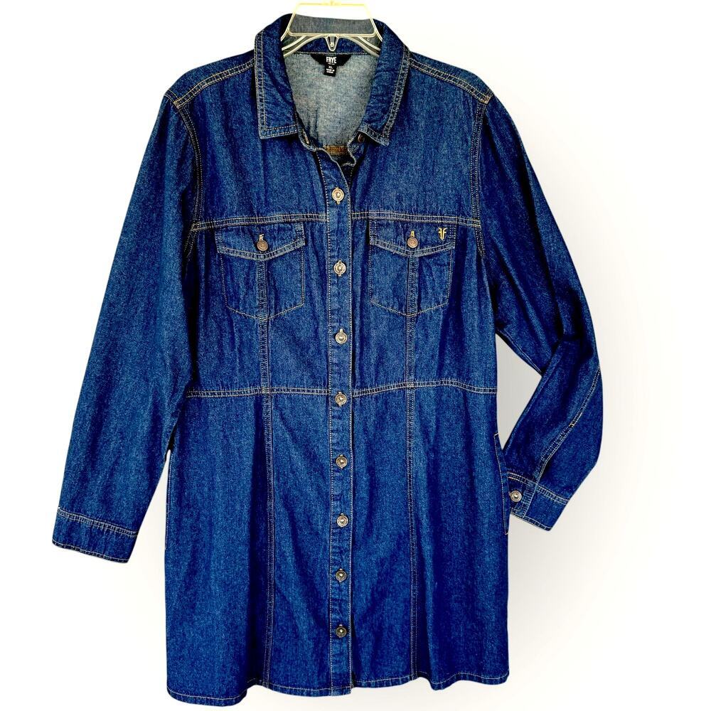 Frye Women Denim Button Up Long Sleeve Shirt Mini Jean Dress XL Dark Blue Wash